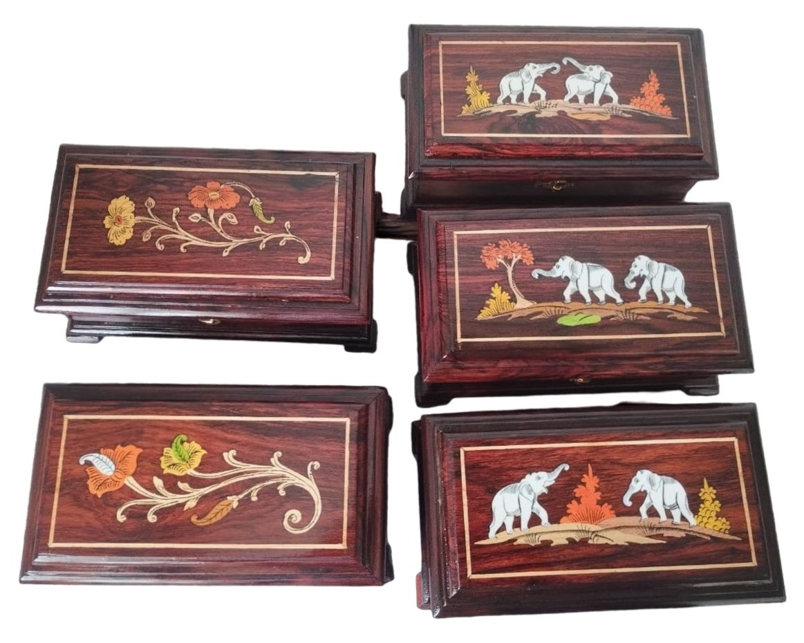 1 Handcrafted Mysore Rosewood Inlay Jewellery Box with Mirror 5*9 Inch