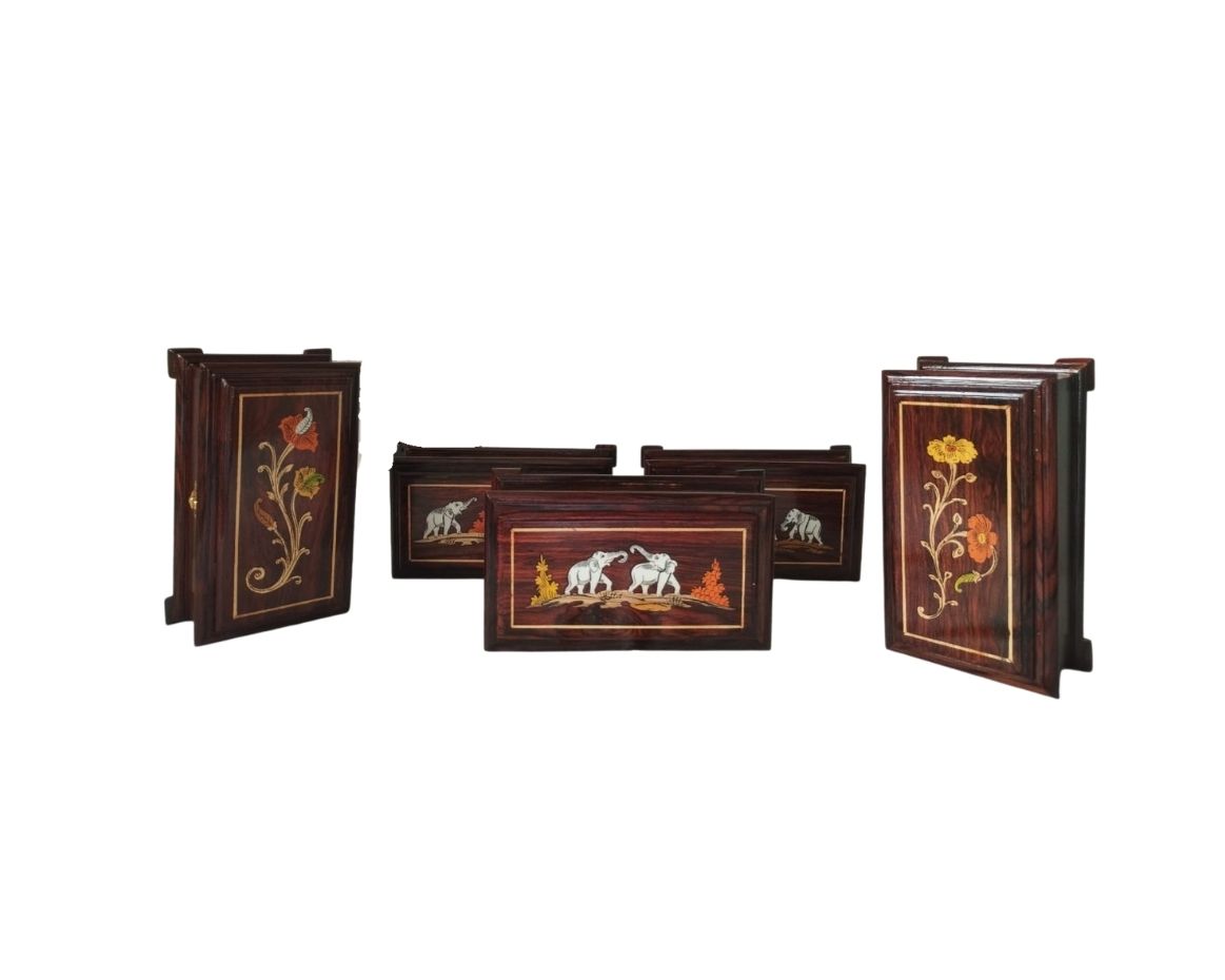 13 Handcrafted Mysore Rosewood Inlay Jewellery Box with Mirror 5*9 Inch - Image 10