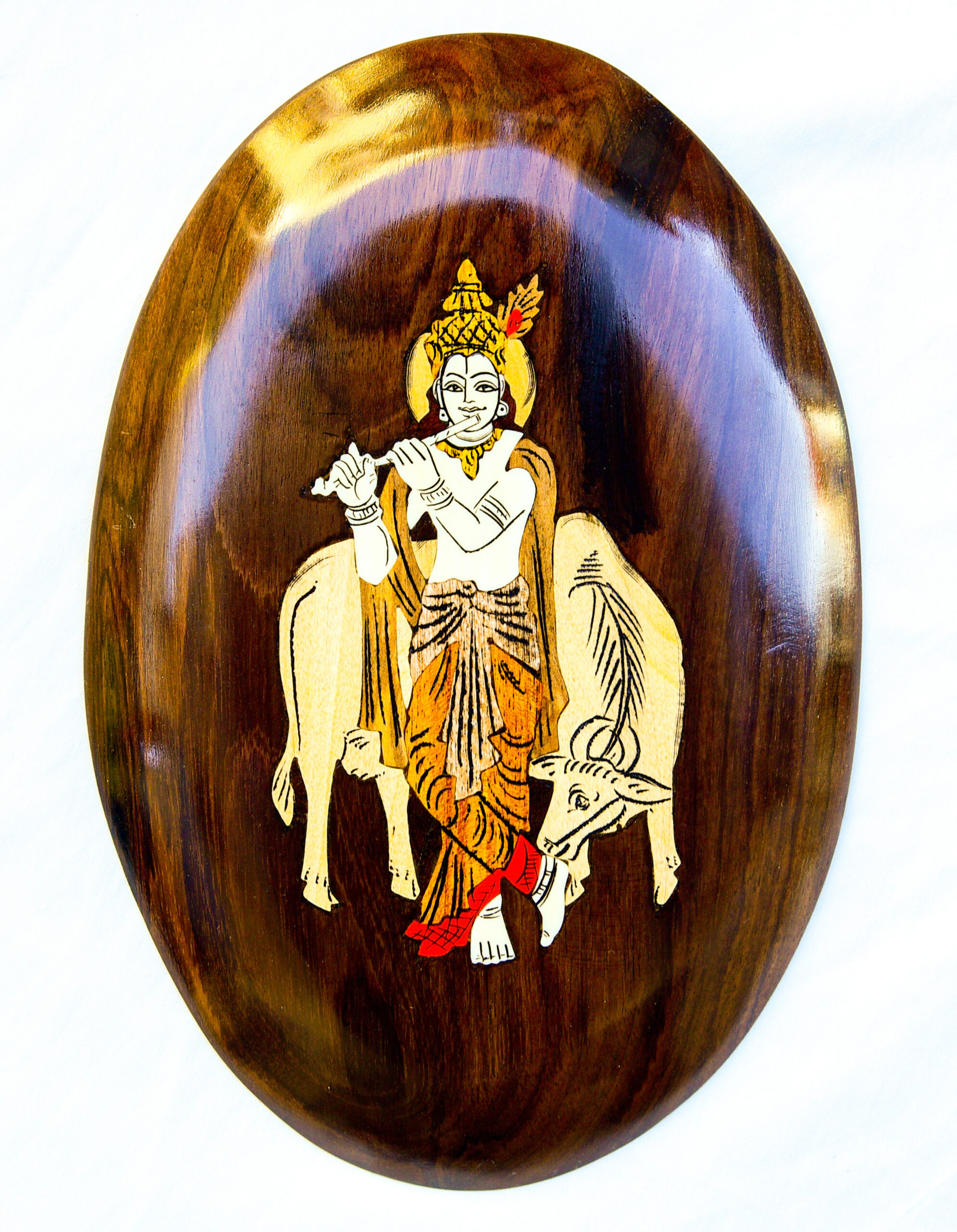 6x9 Cow Krishna 3 Rosewood Inlay Wall Panel – A Timeless Tribute to Mysore Craftsmanship
