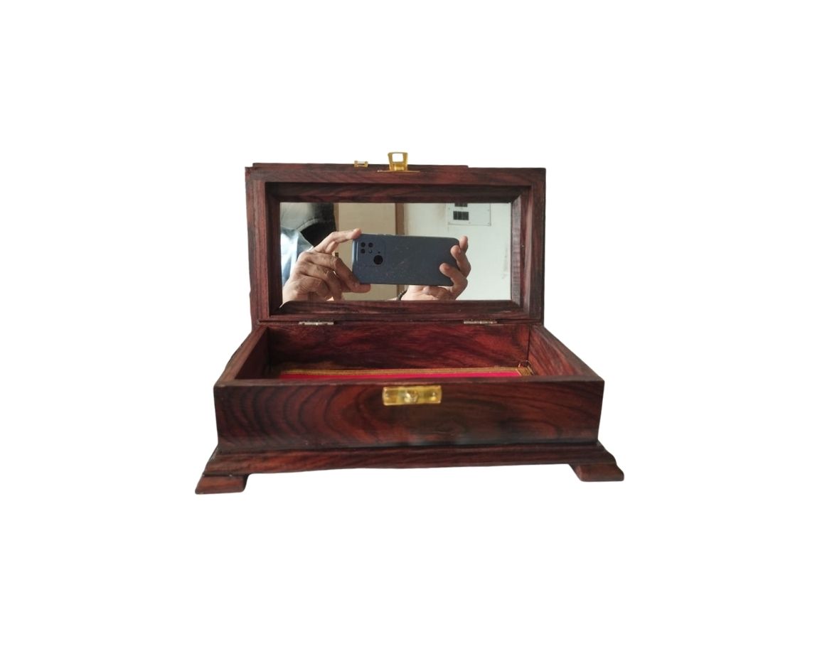 8 Handcrafted Mysore Rosewood Inlay Jewellery Box with Mirror 5*9 Inch - Image 2