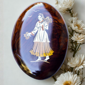 gi tagged mysore rosewood inlay oval plaque – handcrafted indian woman with flowers & harvest basket | traditional karnataka inlay art | wall decor & heritage gift