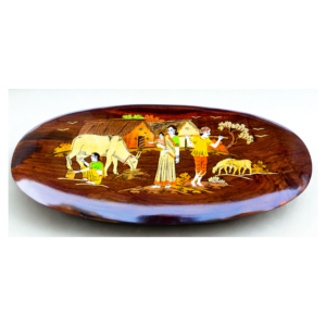 handmade rosewood oval village scene wall plate – mysore rosewood inlay art decor 9x18 inch