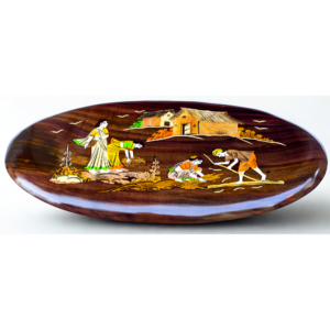 handmade rosewood oval farming scene – mysore rosewood inlay art decor 9x18 inch