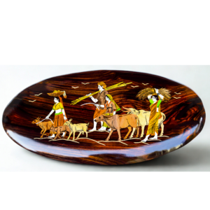 handmade rosewood oval village family wall plate – traditional rural life mysore inlay art 9x18 inch