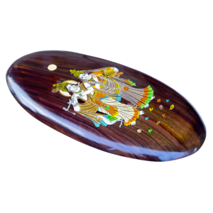 handmade rosewood radha krishna oval wall plate – mysore inlay art wooden decor